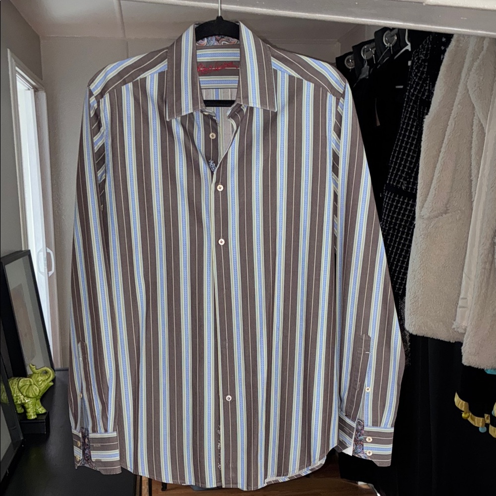 Robert Graham Brown and Blue Striped Button-Down Shirt